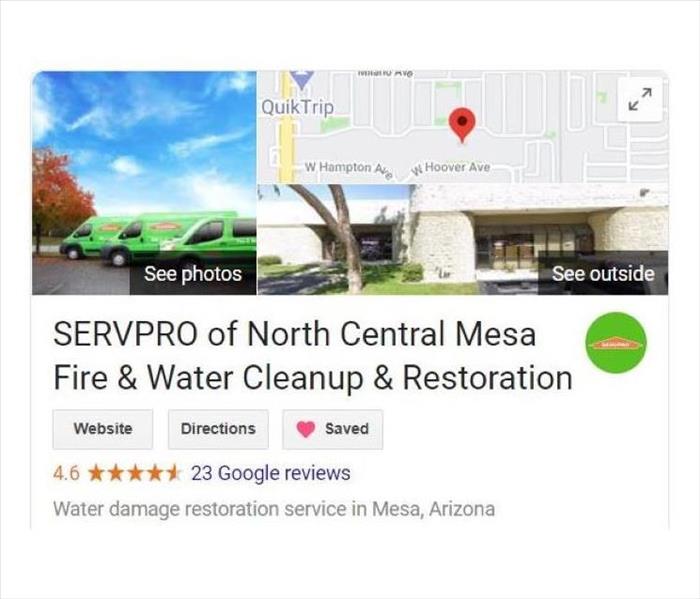 SERVPRO's google business page. There is a van, the map marker location, and the best way to get a hold of SERVPRO 