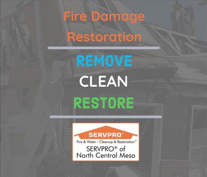 Fire Damage Restoration - Remove, Clean, & Restore with SERVPRO of North Central Mesa logo at bottom
